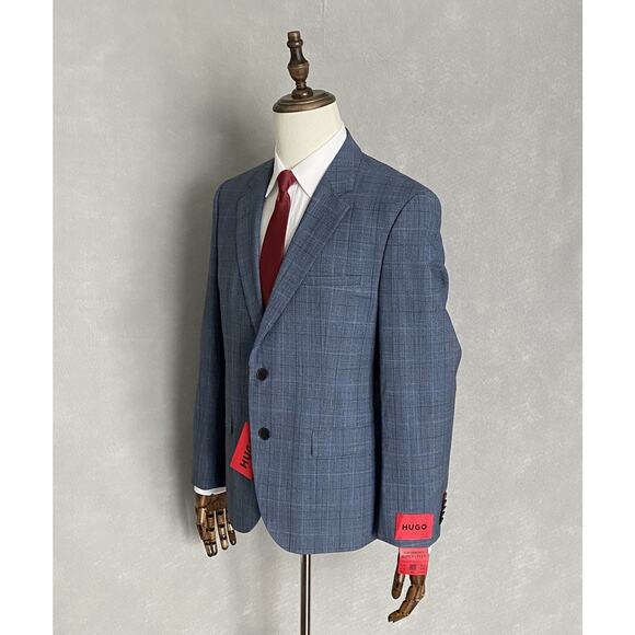 Hugo Boss Mens 40S 36W 2-Piece Suit Virgin Wool Blend Super Flex Blue Plaid NEW - Picture 3 of 16
